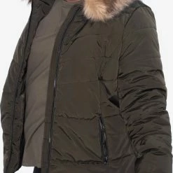 Uitgang 🔥 EVIVA - Pufferjas Met Kap En Faux Fur - Khaki Groen 🤩 -dameskleding Verkoop 417x840 2
