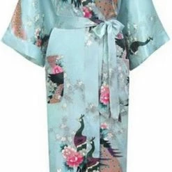 Goedkoop 🤩 KIMU® Kimono Lichtblauw Satijn - Maat XL-XXL - Ochtendjas Yukata Kamerjas Badjas - Boven De Enkels 🥰