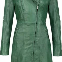 Hete verkoop 😉 Urban 5884® - Janice - Dames - Lange Leren Jas - Lamsleer - Schuine Ritssluiting - Groen - Maat XL 🧨