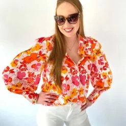 Hete verkoop 🔔 World Trade Fashion Bloemen Blouse, Multi Colour Blouse, Vrolijke Blouse, Pofmouw, Dames, Maat S ❤️