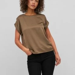 Korting 👍 Vila VIELLETTE SS SATIN TOP - Crocodilee Brown ⭐