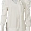 Flash-uitverkoop 🛒 Merkloos Dames Top Gepofte Lange Mouwen Travelstof V-hals Met Strik - Offwhite | Maat M (valt Als S) 🛒