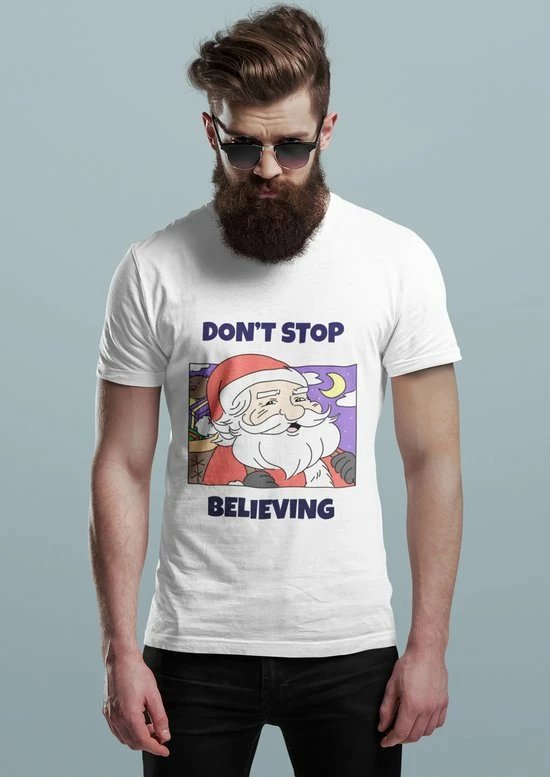 Groothandel π Feel Free Design π Christmas T-Shirt | Don't Stop Believing | Cartoon | 100% Organisch Katoen | Wit | Maat L π 2 Groothandel π Feel Free Design π Christmas T-Shirt | Don't Stop Believing | Cartoon | 100% Organisch Katoen | Wit | Maat L π - Afbeelding 2