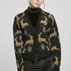 Groothandel 🔥 Urban Classics Cardigan -XL- Short Oversized 🎄 Christmas Zwart/Goudkleurig ⌛