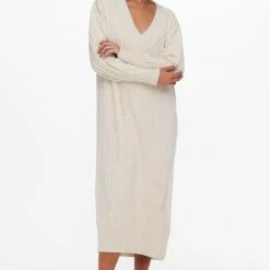 Beste Pirce ✔️ Only Jurk Onlnew Tessa L/s Midi V 👗 Dress Knt Noos 15236372 Pumice Stone/w. Melange Dames Maat - S 🥰
